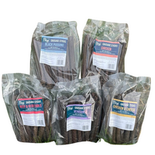 Load image into Gallery viewer, Grain Free Sausage Sticks all five flavours. Black pudding, chicken, beef and vegetable, venison and chicken and cheese.