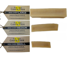 Load image into Gallery viewer, Yak Coconut Chews small, medium and large. The image shows the size difference of the chews alongside the labels.