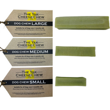 Load image into Gallery viewer, Yak Mint Chews with labels lined up to show the size difference small, medium and large.