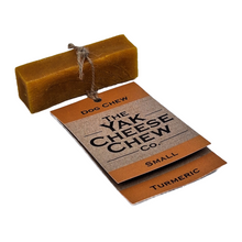 Load image into Gallery viewer, Yak Small Turmeric Chew with label, which is attached and reads The Yak Cheese Chew Co.