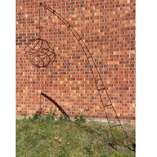Load image into Gallery viewer, Rustic garden arch sculpture with chain and rustic garden sphere. The full sculpture is shown with a brick background.