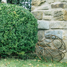 Load image into Gallery viewer, The large spiral ball sat in the garden with a stone wall behind. The spiral ball sits beside a green garden hedge.