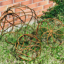 Load image into Gallery viewer, Set of 3 - XL Large &amp; Small - Rusty Metal Garden Spiral Balls
