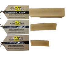 Load image into Gallery viewer, Yak Coconut Chews small, medium and large.  The image shows the size difference of the chews alongside the labels. 
