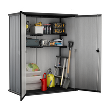 Load image into Gallery viewer, The Keter Hi-Store+ Storage Shed fully opened with tools and accessories stored inside. 
