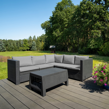 Load image into Gallery viewer, The Keter Provence corner set on decking in a garden setting. 
