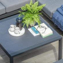 Load image into Gallery viewer, The Titchwell mini corner table in grey outside on the decking. 
