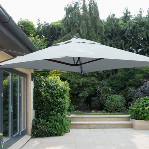 The Cantilever parasol wall mounted outside in the garden.