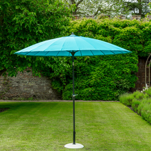 Load image into Gallery viewer, The aqua geisha parasol in the garden. 

