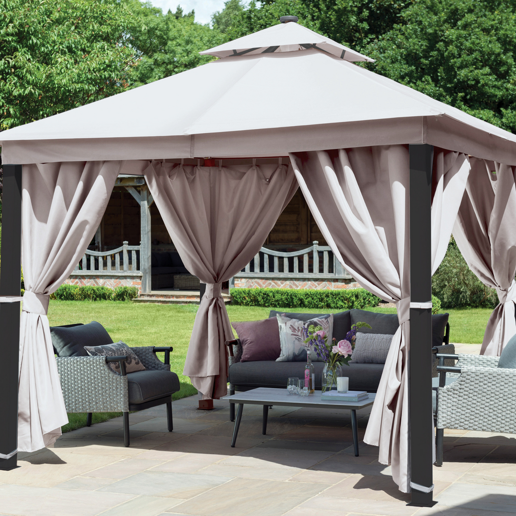 The Luxury Gazebo 3x3m with LED - Grey outside in the garden providing shade for garden furniture. 
