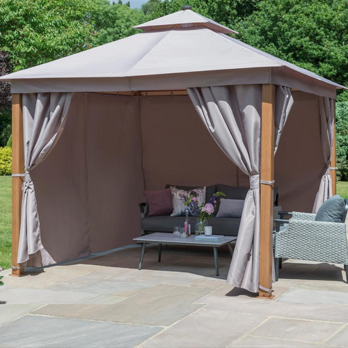 The luxury gazebo 3x3m with LED lights with taupe cover. The gazebo providing shade for outdoor garden furniture. 