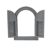 Load image into Gallery viewer, The Florenity Grigio outdoor arch mirror with open doors on a white background.
