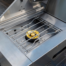 Load image into Gallery viewer, The burner of the Kitchen 400 with the lid open showing the gold colour of the burner. 
