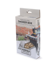 Load image into Gallery viewer, The Norfolk Grills BBQ Smoker Box in its packaging on a white background. 
