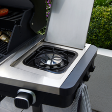 Load image into Gallery viewer, The Norfolk Grills Atlas 300 bbq showing the side burner with the lid open. 
