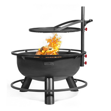 Load image into Gallery viewer, Cook King Bandito fire pit with fire on a white background. 
