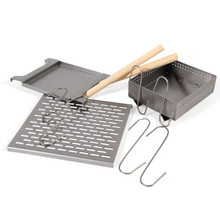Load image into Gallery viewer, Berlin smokehouse accessories ,hooks, rack, drain tray &amp; grease tray on a white background.
