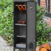 Load image into Gallery viewer, Cook King Berlin smokehouse outdoors with door open and food cooking inside. 
