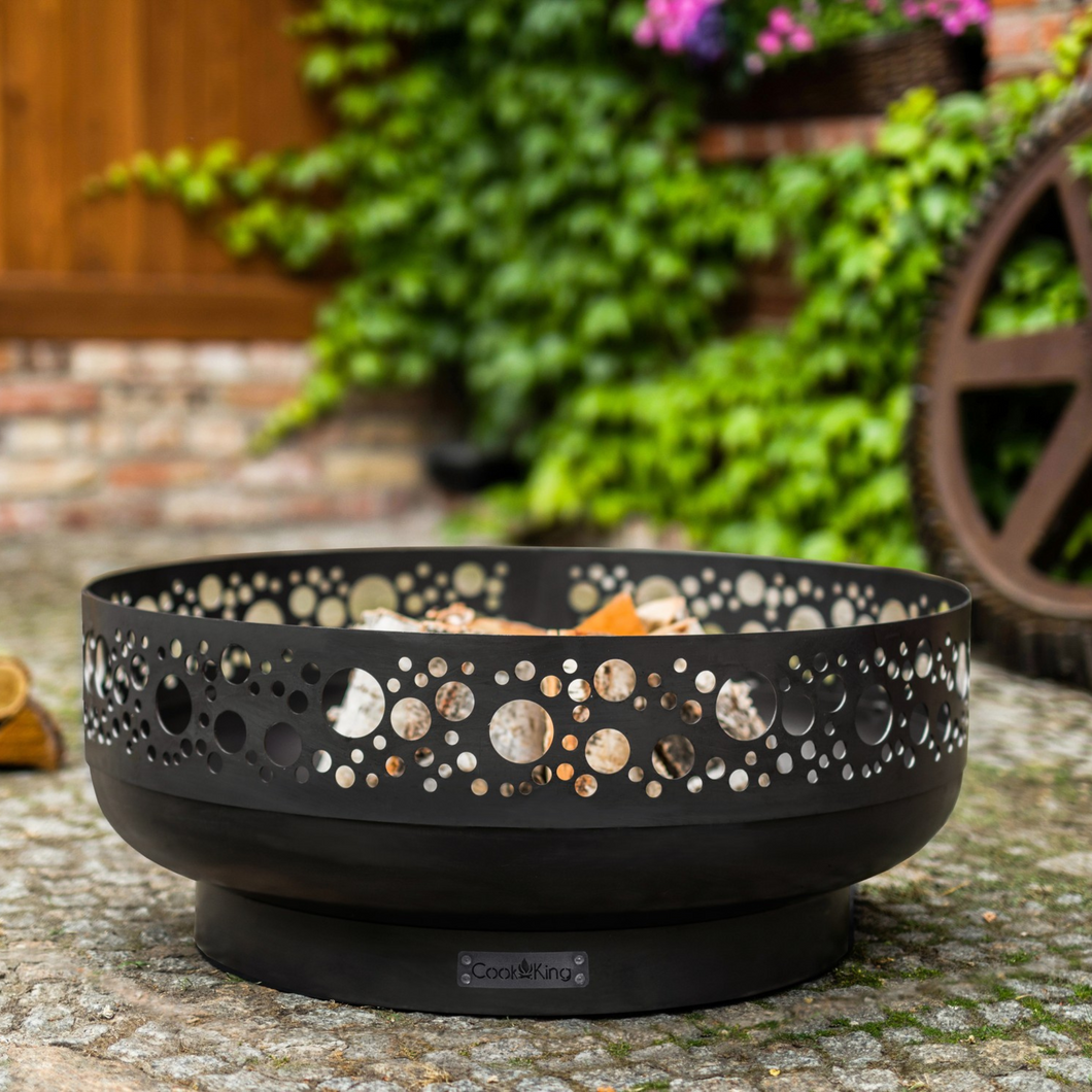 Cook King Boston 80cm Decorative Fire Bowl outside in the garden