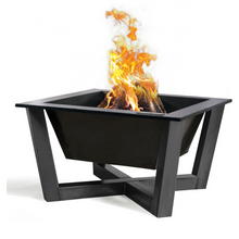 Load image into Gallery viewer, Cook King Brasil fire pit with roaring fire shown on a white background. 
