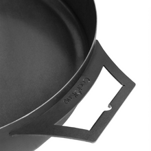 Load image into Gallery viewer, The Cook King handled cooking pan showing the handle with the Cook King imprinted logo on the steel. 
