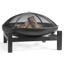 Load image into Gallery viewer, The Cook King Mesh Screen sat on top of the fire pit. Shown on a white background. 
