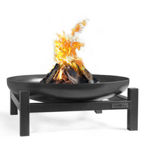 Load image into Gallery viewer, The Cook King Panama 70cm fire pit with the fire lit. 
