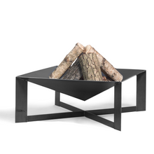 Load image into Gallery viewer, The Cuba fire pit on a white background with firewood in the fire pit.  
