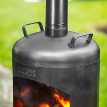 Load image into Gallery viewer, Cook King Faro lid with two handles and fire lit 
