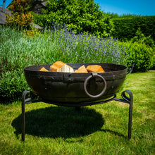 Load image into Gallery viewer, 60cm fire pit with the stand in the garden.
