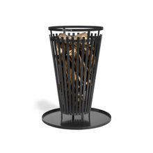 Load image into Gallery viewer, Cook King Flame fire basket on 60cm base protector plate. Shown on a white background. Both fire basket and base floor protector are black / grey in design. 
