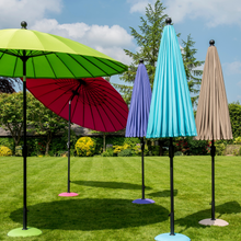 Load image into Gallery viewer, All five parasols in the garden, the fushia and lime parasols are open. There are purple, taupe and aqua also stood but not open. 
