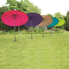 Load image into Gallery viewer, The Geisha Parasols in five vibrant colours including fuchsia,purple,taupe,aqua and lime. 
