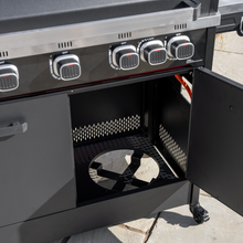Load image into Gallery viewer, The Norfolk Grills Infinity 500 Gas BBQ  with open door showing the under storage compartment. 
