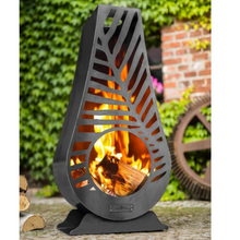 Load image into Gallery viewer, The Cook King Lima Garden Stove with fire roaring inside. 

