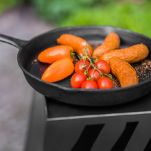 Load image into Gallery viewer, The Cook King Long Handled Cooking Pan with sausage, peppers and tomatoes in. 

