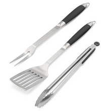 Load image into Gallery viewer, The Norfolk Grills 3pc bbq set includes spatula, fork and tongs shown on a white background.
