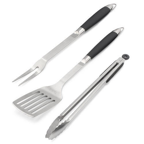 The Norfolk Grills 3pc bbq set includes spatula, fork and tongs shown on a white background.