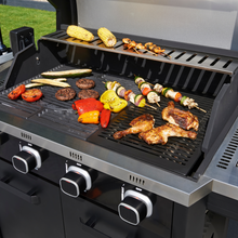 Load image into Gallery viewer, The Norfolk Grills Infinity 400 Gas 4 Burner bbq with food on the grill. 
