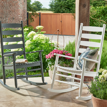 Load image into Gallery viewer, Oakwell rocking chairs in grey and white sat in the garden. 
