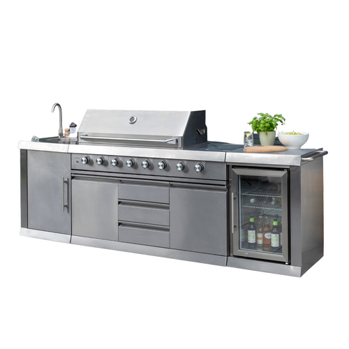 The Norfolk Grills Absolute Pro 6 Outdoor Kitchen Inc Fridge & Sink on a white background. 