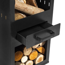 Load image into Gallery viewer, The rosa outdoor garden stove showing the detachable ash pan open which sits in the middle of the stove. 
