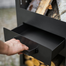 Load image into Gallery viewer, The Rosa outdoor garden stove showing the integrated ash pan drawer. 
