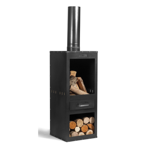 The Rosa outdoor garden stove with integrated log store on a white background. 