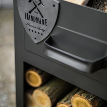 Load image into Gallery viewer, The Rosa outdoor garden stove with a steel badge which says handmade premium quality. 
