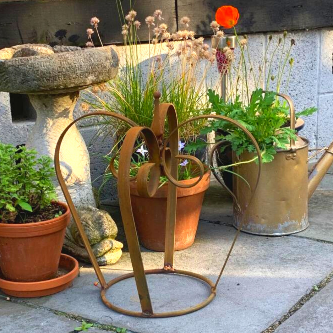 The rustic crown in the garden with some plant pots in the background. 