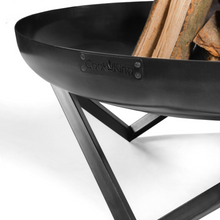 Load image into Gallery viewer, The Cook King Santiago Fire Pit detail of the outer edge with the Cook King logo and legs. 
