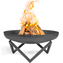 Load image into Gallery viewer, The Cook King Santiago fire pit with fire on a white background. 
