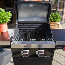 Load image into Gallery viewer, The Norfolk Grills Vista 200 Gas BBQ with open lid showing the grill and two controls on the front of the bbq. 
