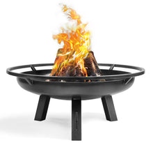 Load image into Gallery viewer, The Porto fire pit with the fire lit on a white background. 
